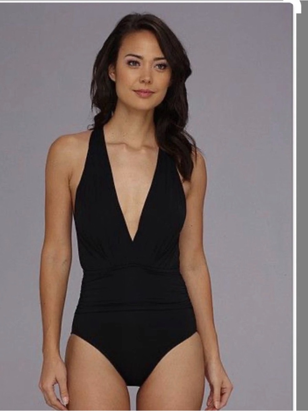 Badgley Mischka Chocolate Brown Dip Back Maillot One Piece Halter Swimsuit Sz 6